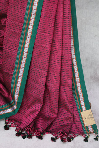 Magenta Plain Khun Saree With Green Border-SRMPKS231