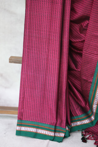 Magenta Plain Khun Saree With Green Border-SRMPKS231