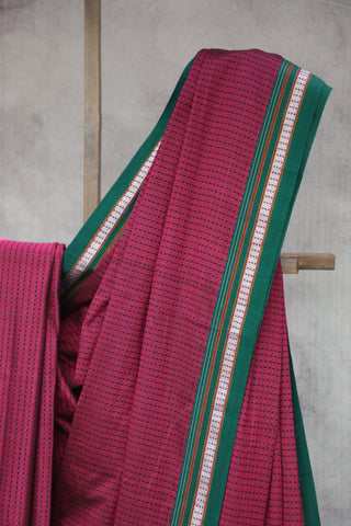 Magenta Plain Khun Saree With Green Border-SRMPKS231