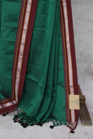 Green Plain Khun Saree With Maroon Border-SRGPKS240