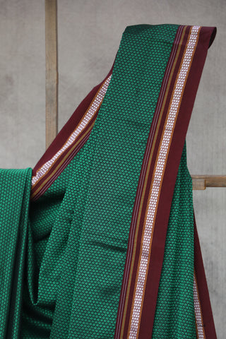 Green Plain Khun Saree With Maroon Border-SRGPKS240