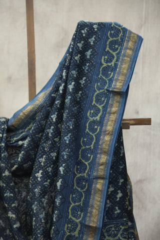 Blue HBP Cotton Silk Chanderi Saree With Maheshwari Border  - SRCCSCS72EX