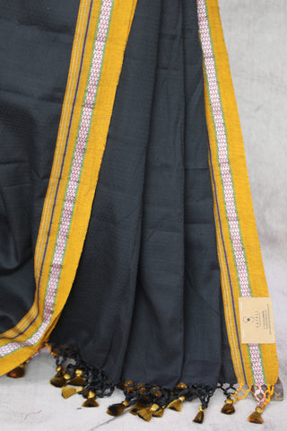 Black Plain Khun Saree With Khaki Border-SRBPKS232