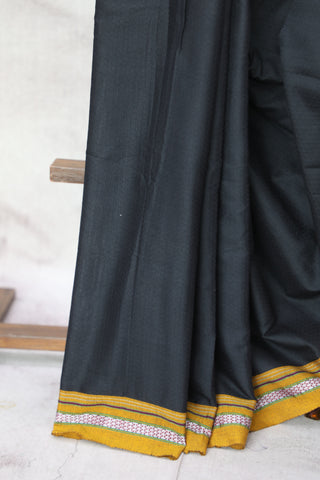 Black Plain Khun Saree With Khaki Border-SRBPKS232