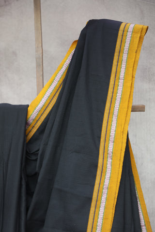 Black Plain Khun Saree With Khaki Border-SRBPKS232