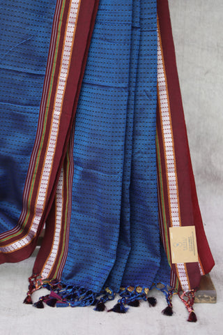 Blue Plain Khun Saree With Maroon Border-SRBPKS235