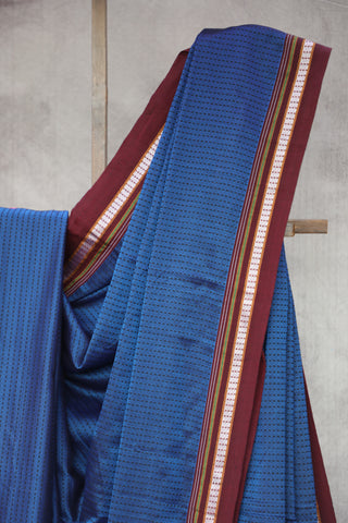 Blue Plain Khun Saree With Maroon Border-SRBPKS235