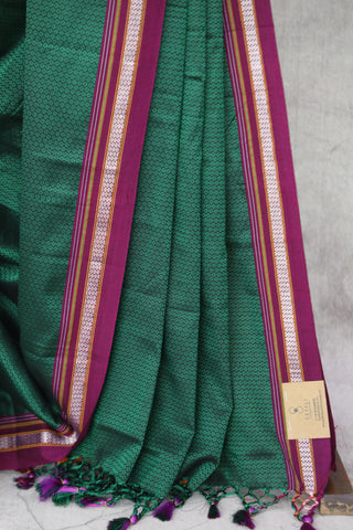 Green Plain Khun Saree With Magenta Border-SRGPKS233