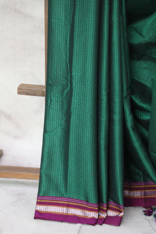 Green Plain Khun Saree With Magenta Border-SRGPKS233