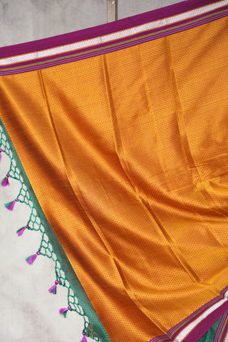 Green Plain Khun Saree With Magenta Border-SRGPKS233