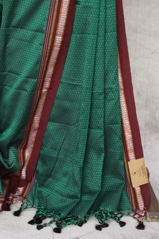 Green Plain Khun Saree With Maroon Border-SRGPKS228