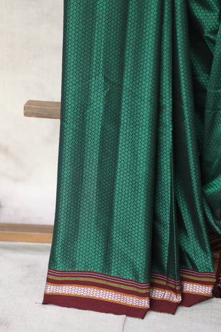 Green Plain Khun Saree With Maroon Border-SRGPKS228