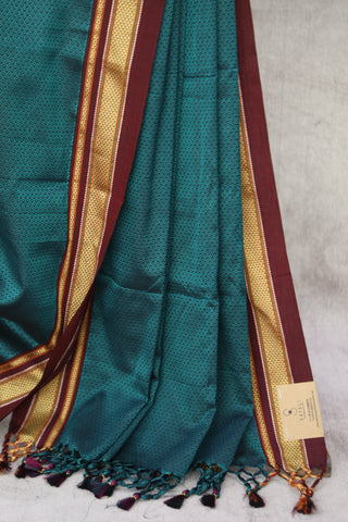 Green Plain Khun Saree With Maroon Border-SRGPKS256