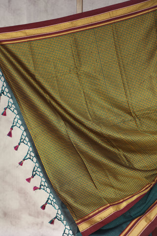 Green Plain Khun Saree With Maroon Border-SRGPKS256