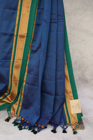 Blue Plain Khun Saree With Green Border-SRBPKS255