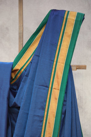 Blue Plain Khun Saree With Green Border-SRBPKS255