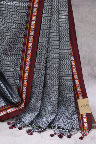 Silver Plain Khun Saree With Maroon Border-SRSPKS244