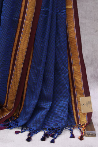 Blue Plain Khun Saree With Maroon Border-SRBPKS259