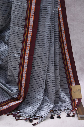 Silver Plain Khun Saree With Maroon Border-SRSPKS245