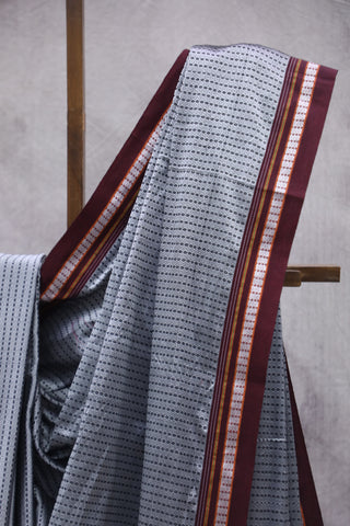 Silver Plain Khun Saree With Maroon Border-SRSPKS245