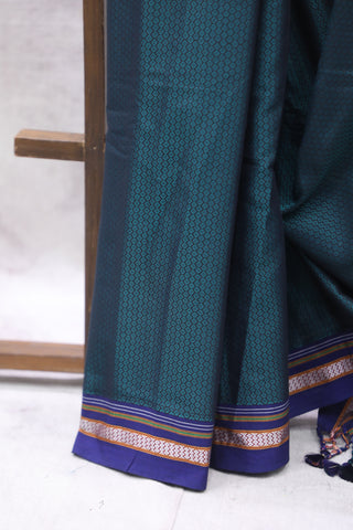 Peacock Green Plain Khun Saree With Blue Border-SRPGPKS250