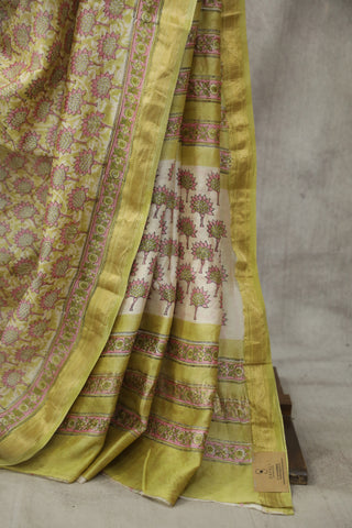 Green-White  HBP Cotton Silk Saree With Maheshwari Border - SRGWCSS752