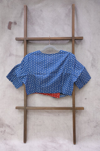 Blue-Red HBP Cotton Angarakha Neck Blouse-SRBRCANB31