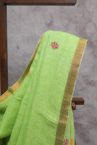 Parrot Green Linen Jamdani Saree - SRPGLJS196