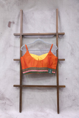 Orange Sleeveless Khun Blouse With Green Border-SROKB104