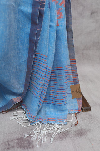 Blue Linen Jamdani Saree - SRBLJS177