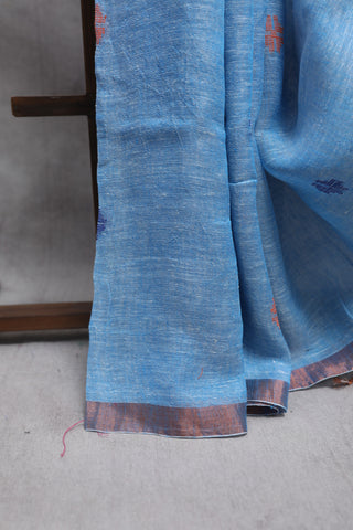 Blue Linen Jamdani Saree - SRBLJS177