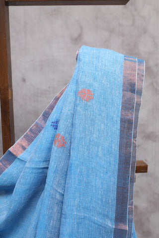 Blue Linen Jamdani Saree - SRBLJS177