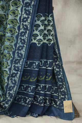 Indigo Ajrakh HBP Cotton Saree-SRIAPCS1275