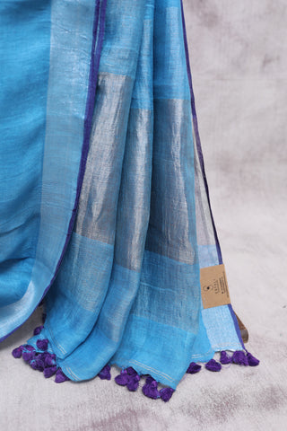 Blue Plain Linen Saree With Purple Tassels-SRBPLS133