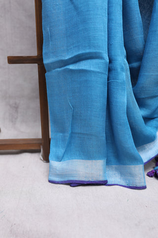 Blue Plain Linen Saree With Purple Tassels-SRBPLS133