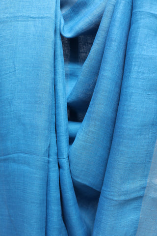 Blue Plain Linen Saree With Purple Tassels-SRBPLS133