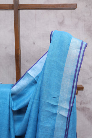 Blue Plain Linen Saree With Purple Tassels-SRBPLS133