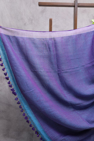 Blue Plain Linen Saree With Purple Tassels-SRBPLS133