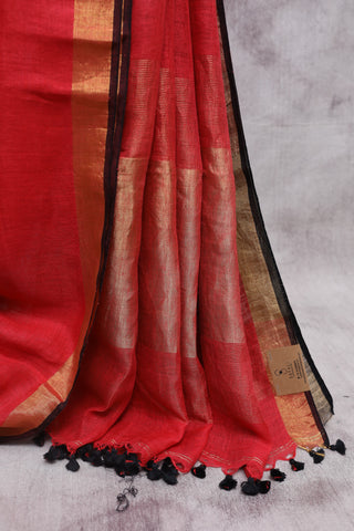 Red Plain Linen Saree-SRRPLS132