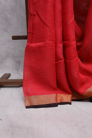 Red Plain Linen Saree-SRRPLS132