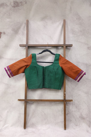 Green-Orange Khun Blouse With Purple Border-SRGOKB59