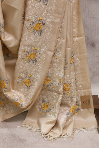 Cream Machine Embroidered Tussar Silk Saree-SRCMETSS779