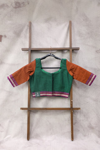 Green-Orange Khun Blouse With Purple Border-SRGOKB59