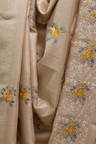 Cream Machine Embroidered Tussar Silk Saree-SRCMETSS779