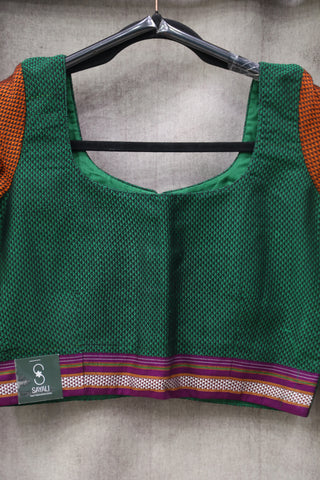 Green-Orange Khun Blouse With Purple Border-SRGOKB59