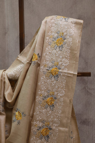 Cream Machine Embroidered Tussar Silk Saree-SRCMETSS779