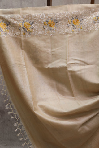 Cream Machine Embroidered Tussar Silk Saree-SRCMETSS779