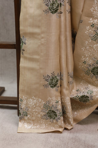 Cream Machine Embroidered Tussar Silk Saree-SRCMETSS780