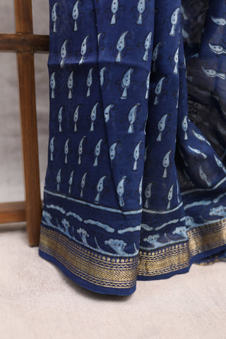 Indigo HBP Cotton Silk Chanderi Saree With Maheshwari Border - SRICSCS580