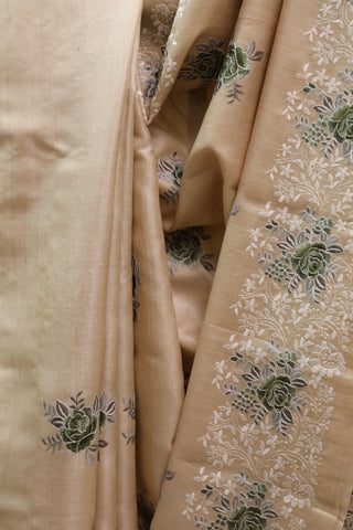 Cream Machine Embroidered Tussar Silk Saree-SRCMETSS780